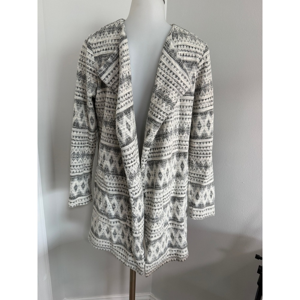Bobeau Womens Small Black White Geometric Tribal Open Front Cardigan